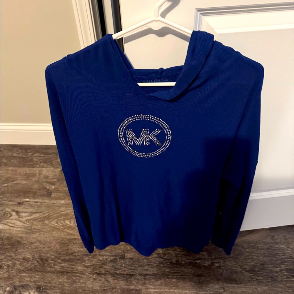 Michael Kors Womens XL Hooded Long Sleeve Knit Tunic Royal MK Bling Logo GUC